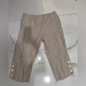 Chicos Pants Womens Oatmeal Pull On Elastic Linen Button Hem Cropped Straight